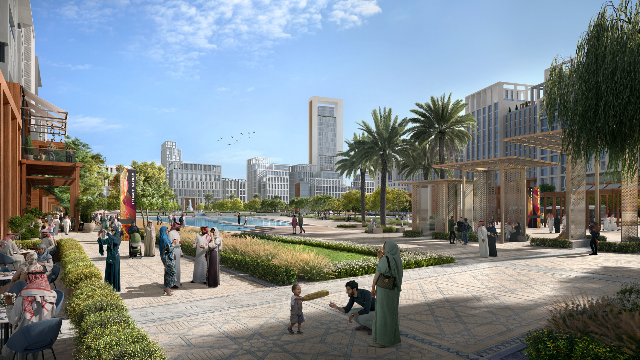An urban city center with people strolling, sitting at outdoor cafes, and children playing, surrounded by contemporary buildings and lush greenery, exemplifying the blend of traditional Hijazi architecture with modern design