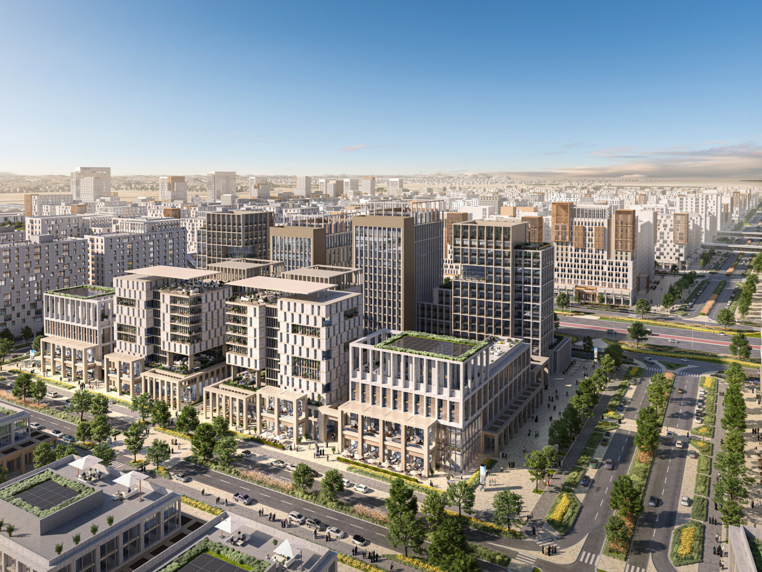 Illustration of Sustainable High-Rise Development With Green Spaces