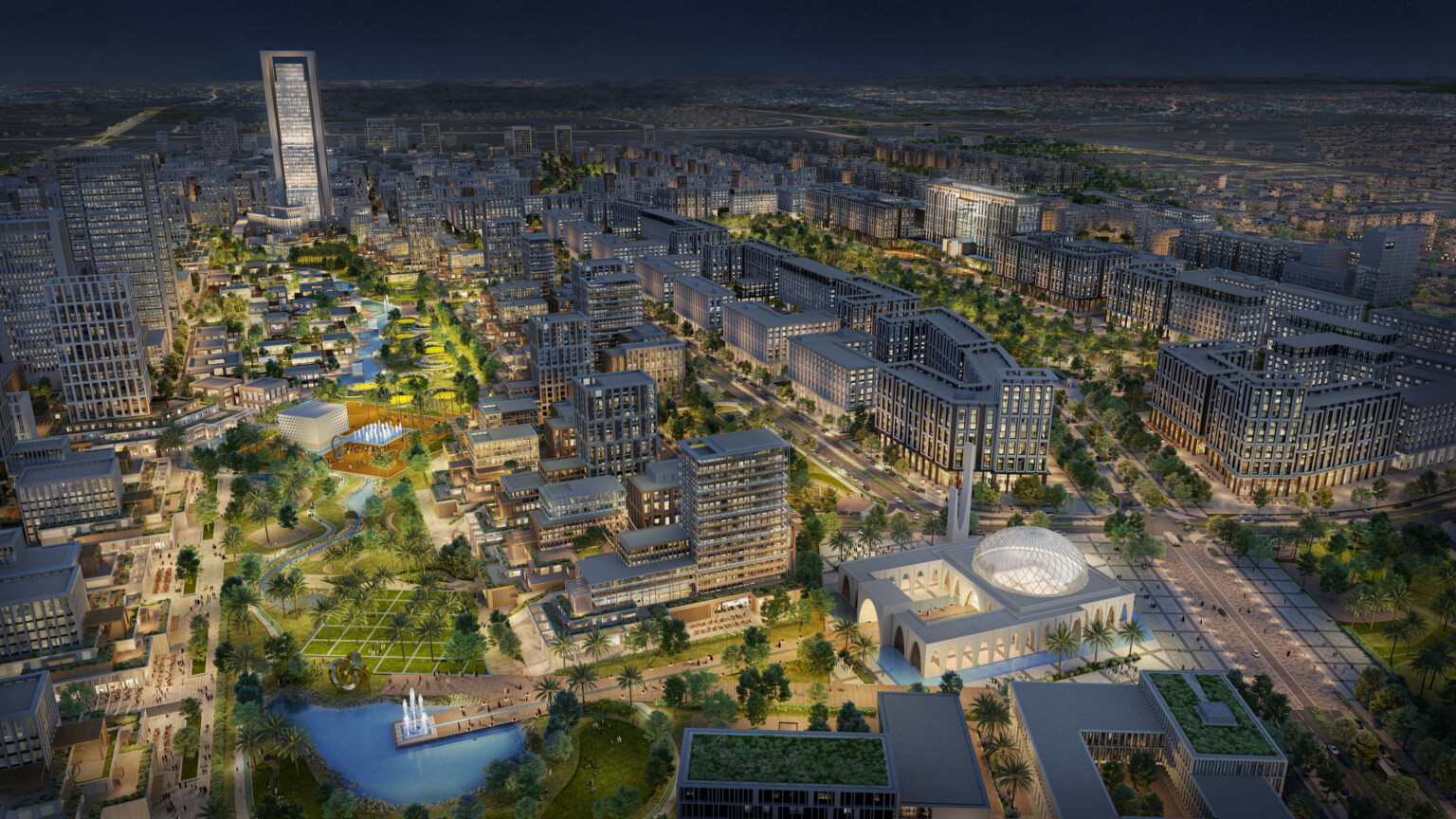 A night-time aerial view of a large urban area illuminated with various lights, highlighting the buildings, streets, and landscaped areas. The master plan features a mix of high-rise and low-rise buildings with contemporary architecture. A night-time aerial view of a large urban area illuminated with various lights, highlighting the buildings, streets, and landscaped areas. The master plan features a mix of high-rise and low-rise buildings with contemporary architecture.