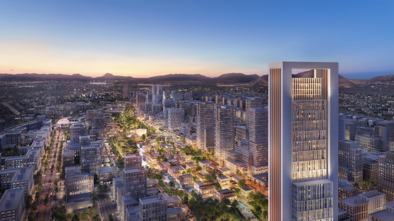 Dusk rendering of Madinah, KSA showing a large high rise building to the right surrounded by other multistory buildings Dusk rendering of Madinah, KSA showing a large high rise building to the right surrounded by other multistory buildings