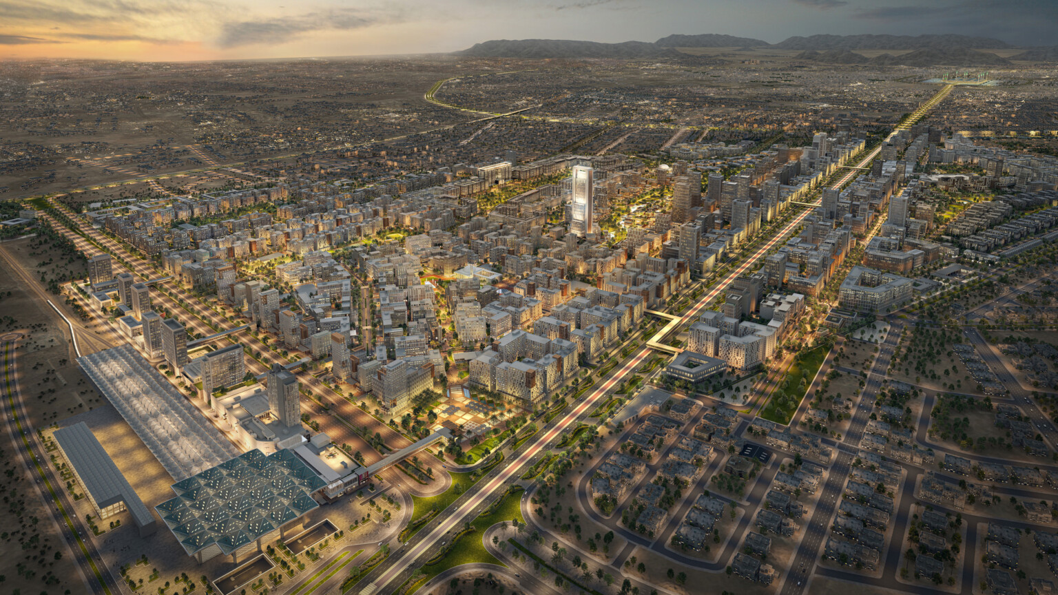 Dusk rendering of Madinah, KSA showing high rise buildings with windows filled with light amongst green trees Dusk rendering of Madinah, KSA showing high rise buildings with windows filled with light amongst green trees