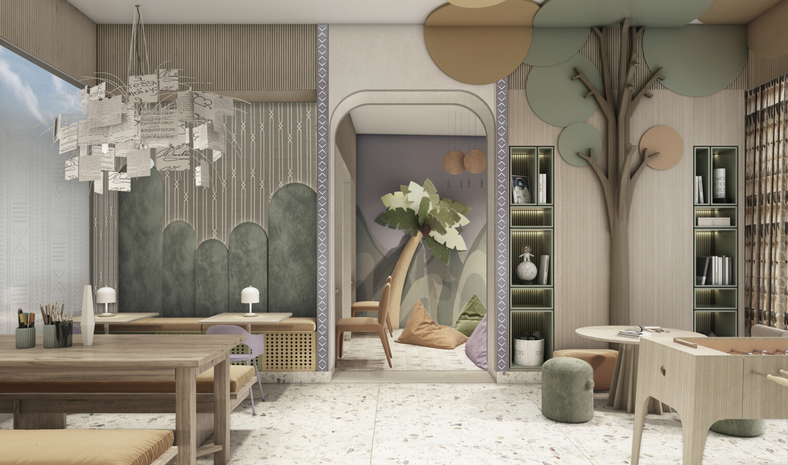 Hotel lounge with modern tree artwork, game tables, seating areas, and colorful pillows