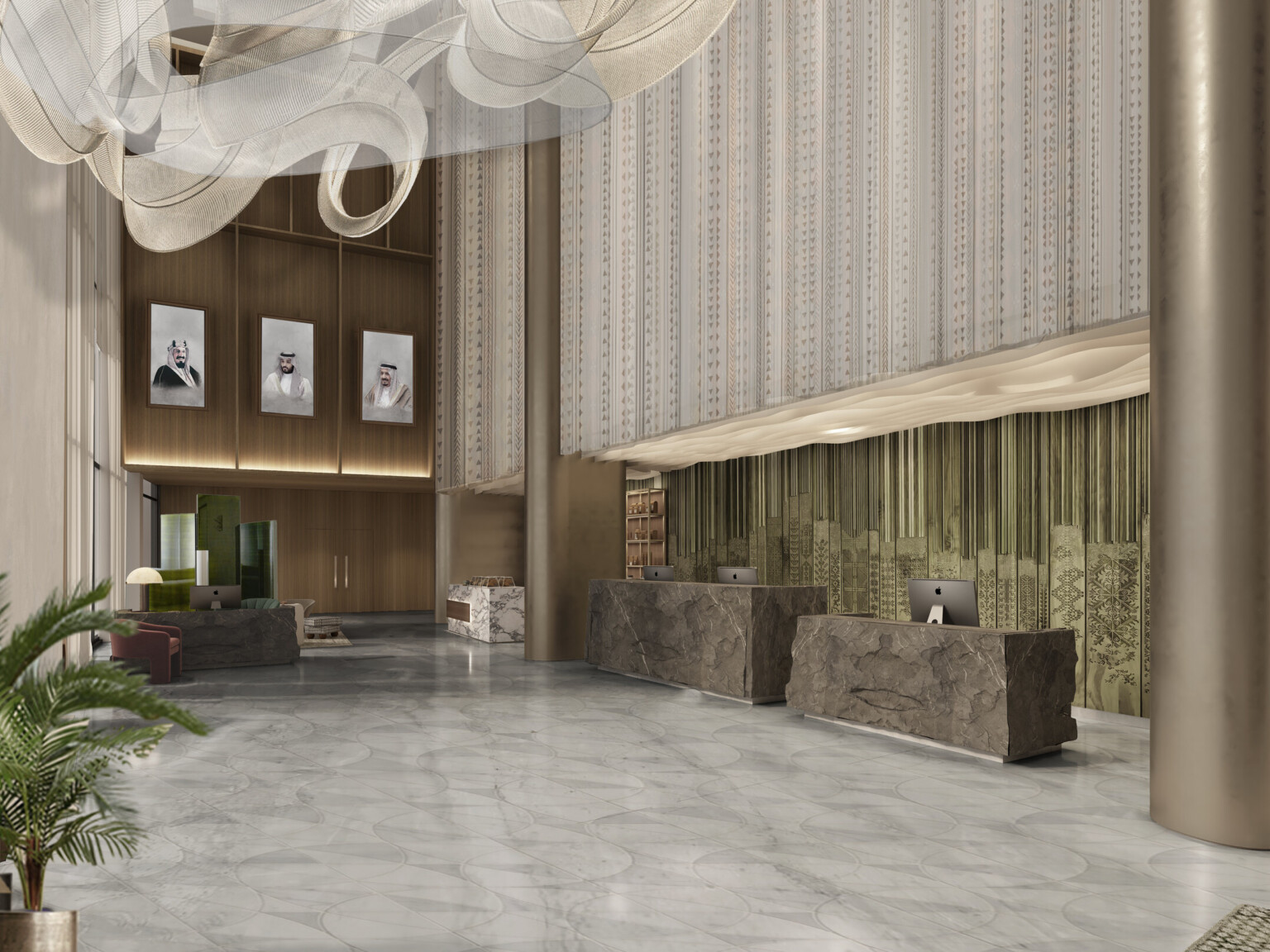 A beautifully designed hotel lobby with elegant furnishings and a welcoming atmosphere. A centerpiece light fixture cascading down from the ceiling, green live plants decorate the lobby.