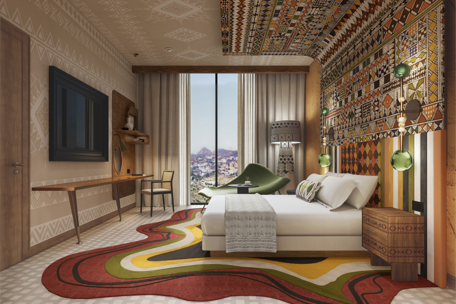 Hotel room rendering with colorful artwork, modern rug and furniture