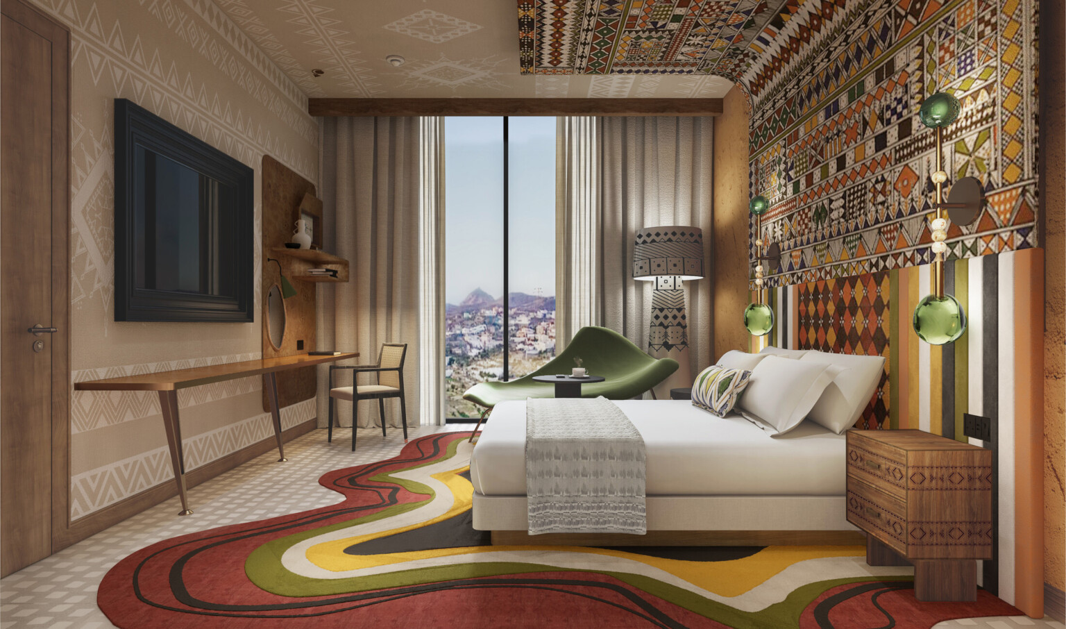 Hotel room rendering with colorful artwork, modern rug and furniture Hotel room rendering with colorful artwork, modern rug and furniture