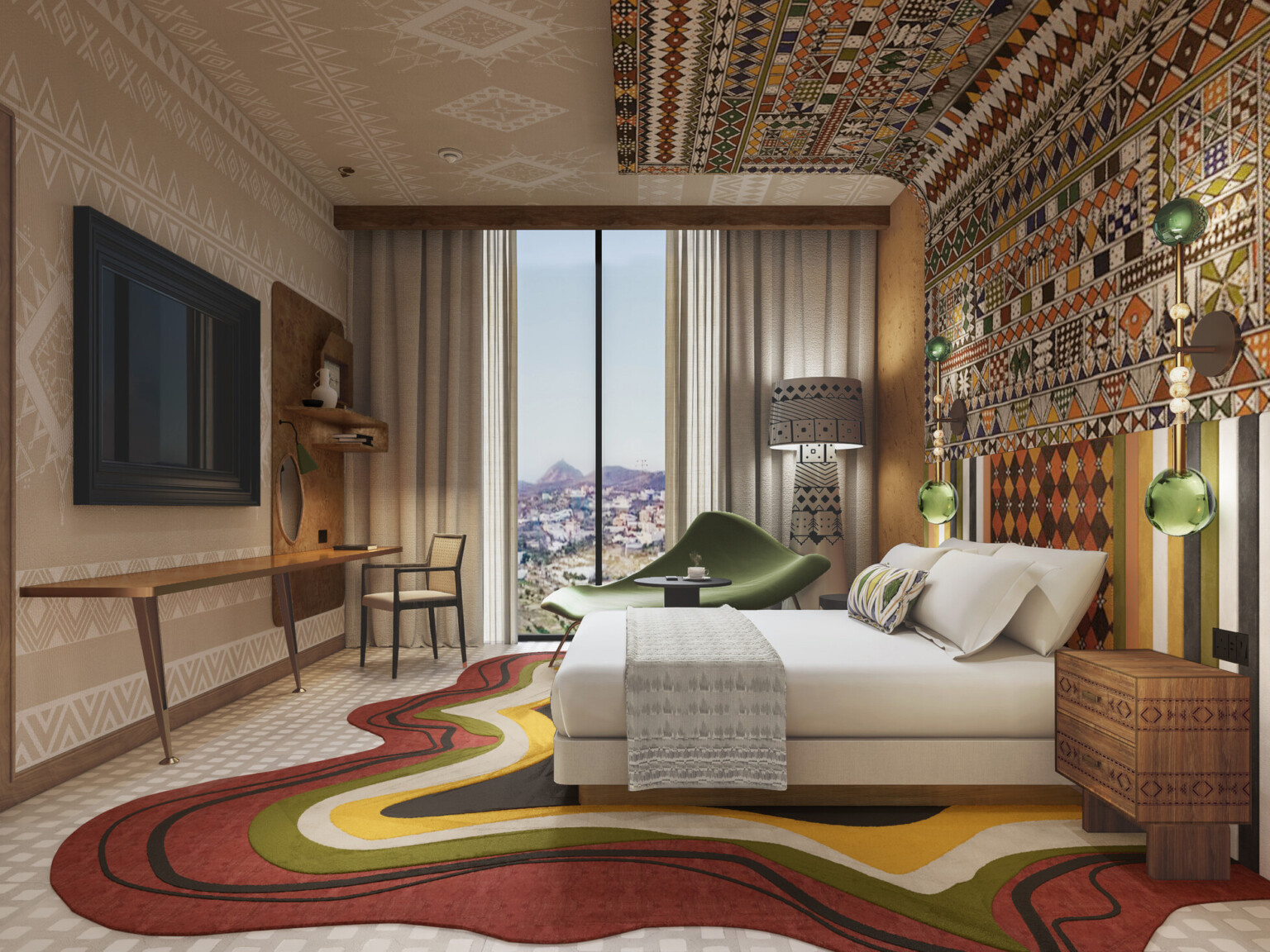 Hotel room rendering with colorful artwork, modern rug and furniture Hotel room rendering with colorful artwork, modern rug and furniture