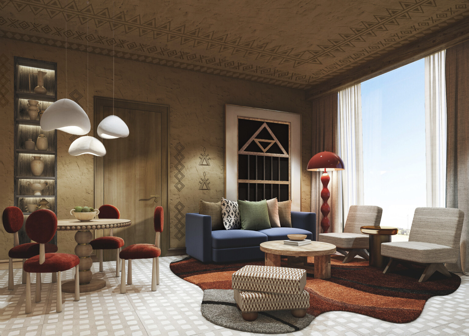 Hotel room rendering with colorful artwork, modern rug and furniture