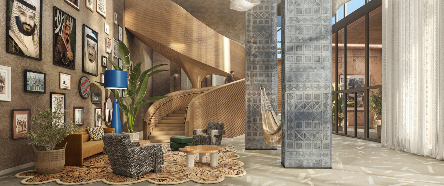 Rendering of hotel lobby with white drapes, light wood staircase, grey beams, and wall of artwork