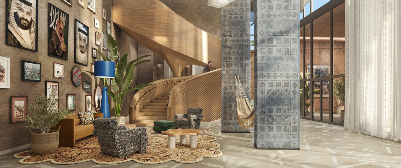 Rendering of hotel lobby with white drapes, light wood staircase, grey beams, and wall of artwork