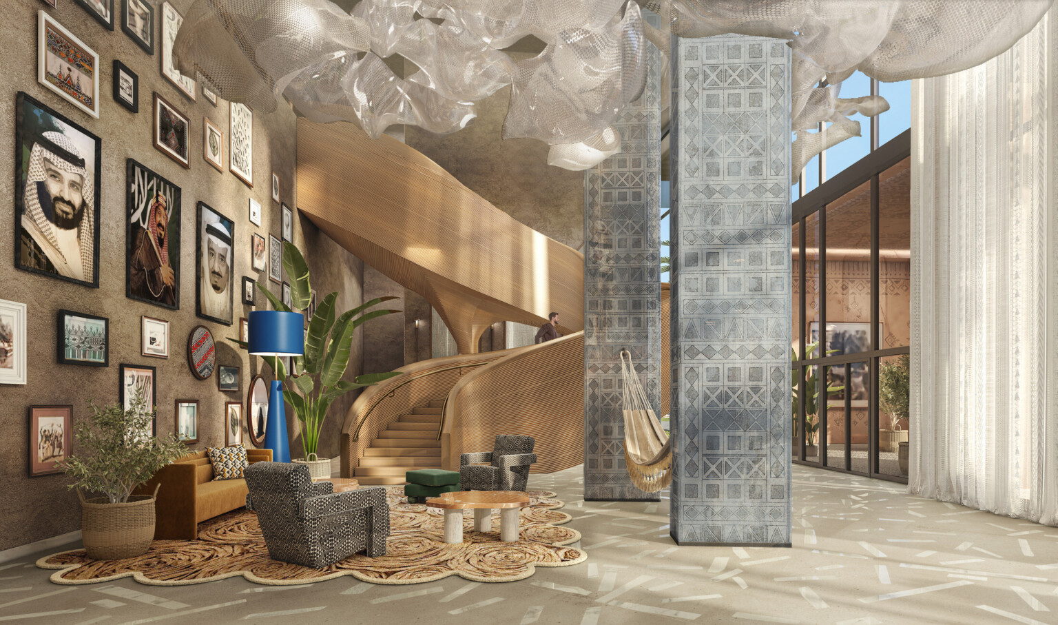 Rendering of hotel lobby with white drapes, light wood staircase, grey beams, and wall of artwork