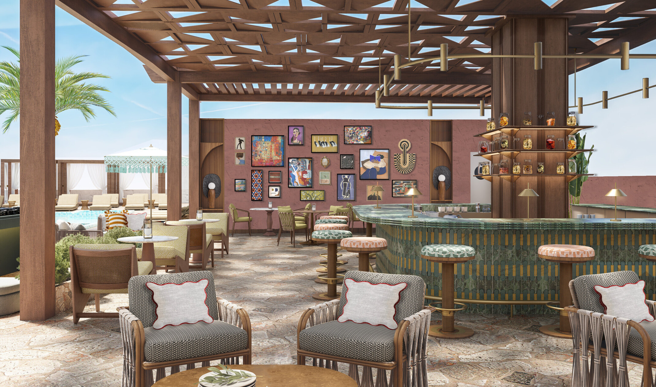 Outdoor hotel bar with colorful furniture, wood awning, and artwork on feature wall