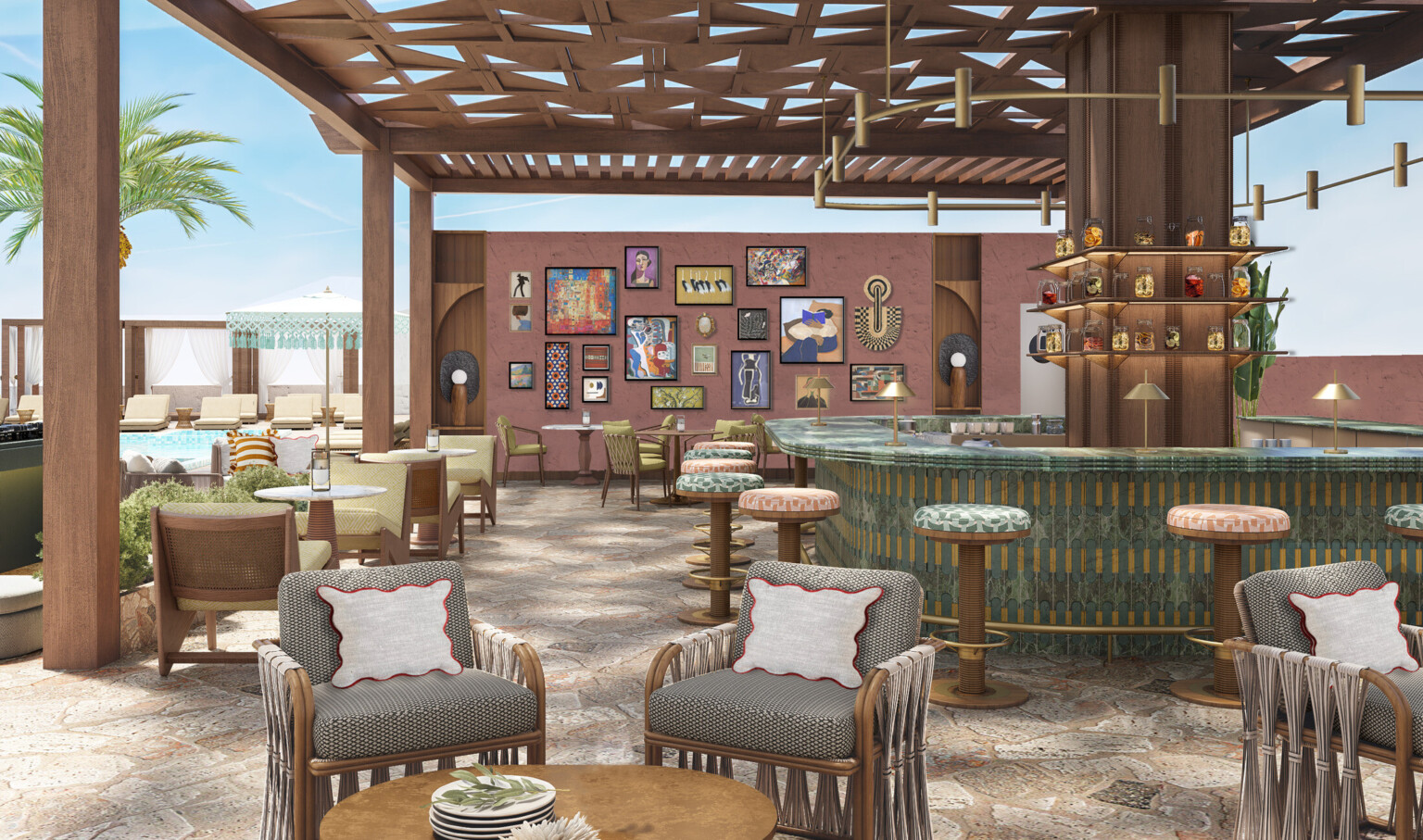 Outdoor hotel bar with colorful furniture, wood awning, and artwork on feature wall