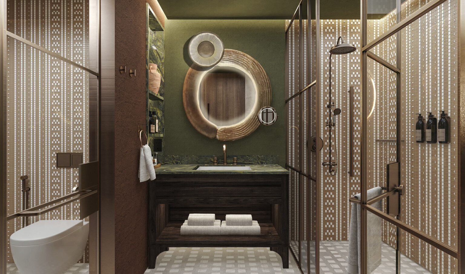 Hotel bathroom with gold accents, round mirrors, green wall and beige and white geometric tile