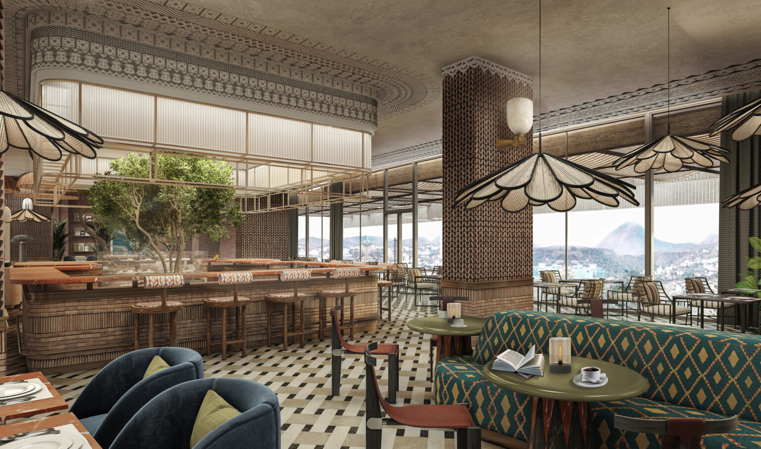 Hotel lounge featuring a bar, green couches, and tables and chairs