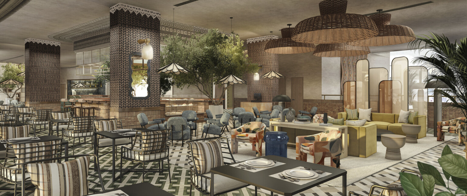 Rendering of a hotel cafe with green and white geometric flooring, brown basket lighting and tables and chairs with striped pillows