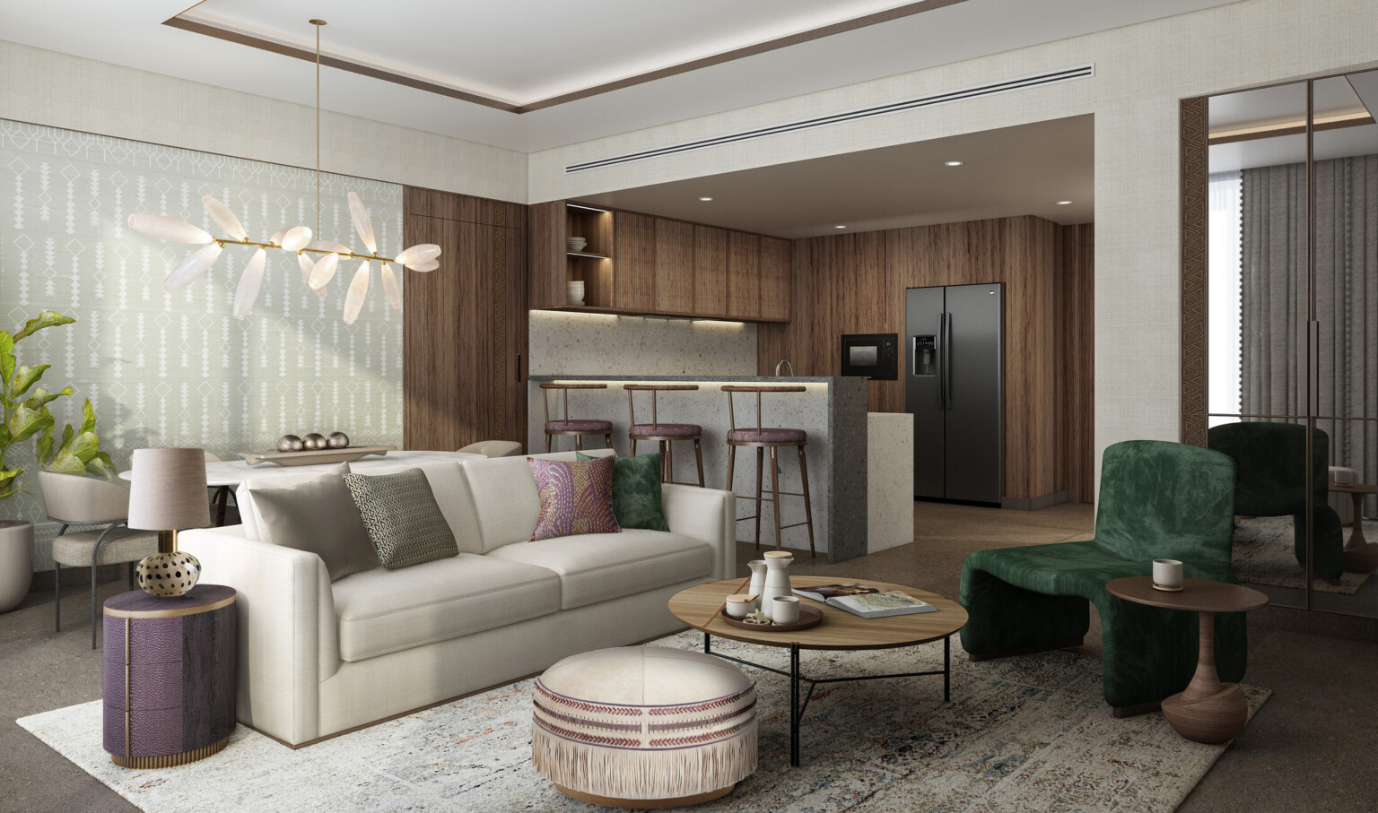 Hotel room showing kitchen and living areas with modern furnishings