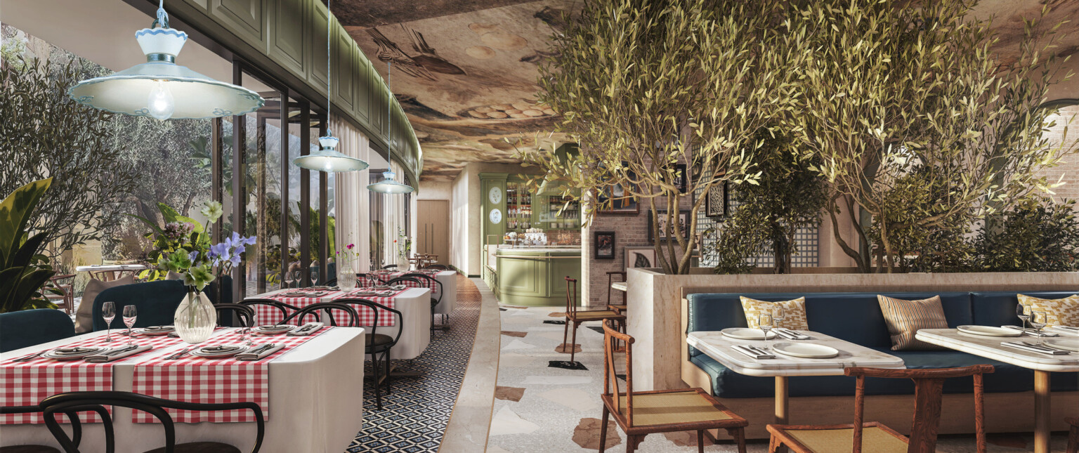 Hotel restaurant featuring tables with white linens, large trees, and wooden furnishings