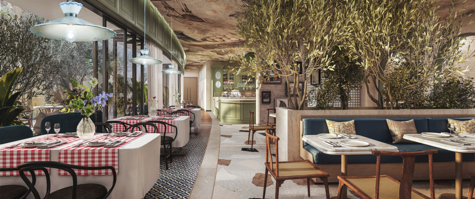 Hotel restaurant featuring tables with white linens, large trees, and wooden furnishings