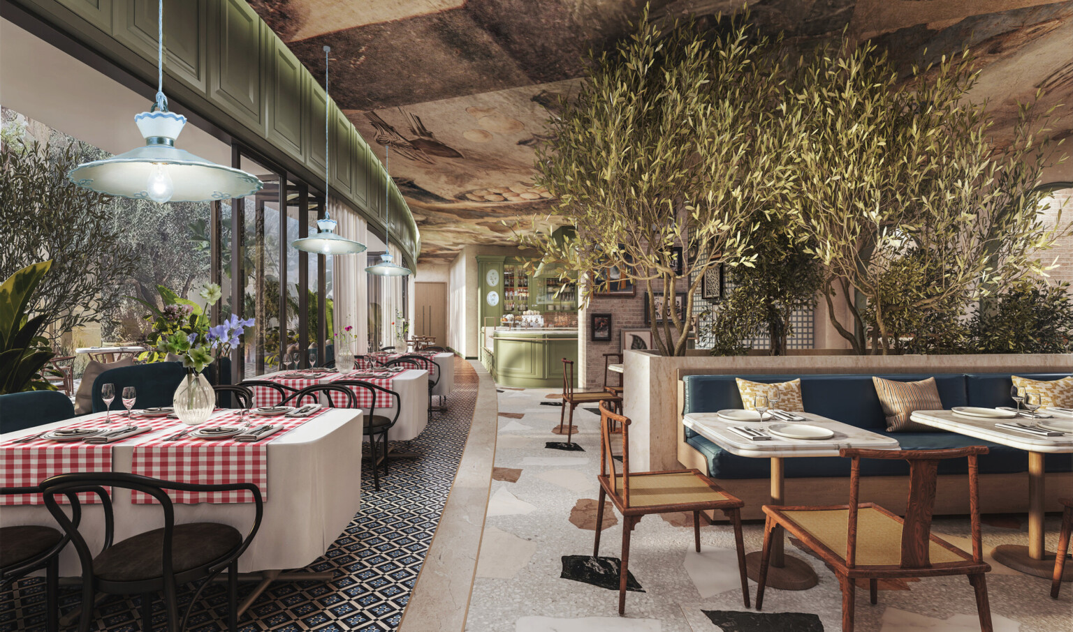 Hotel restaurant featuring tables with white linens, large trees, and wooden furnishings