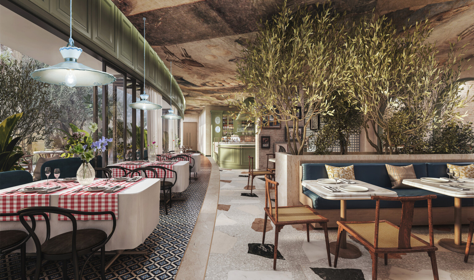 Hotel restaurant featuring tables with white linens, large trees, and wooden furnishings