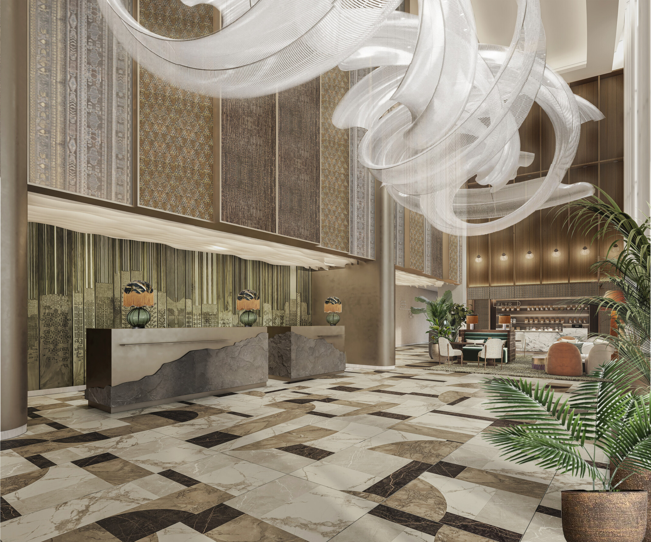 A beautifully designed hotel lobby with elegant furnishings and a welcoming atmosphere. A centerpiece light fixture cascading down from the ceiling, green live plants decorate the lobby.