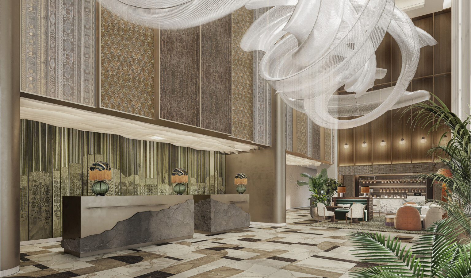 A beautifully designed hotel lobby with elegant furnishings and a welcoming atmosphere. A centerpiece light fixture cascading down from the ceiling, green live plants decorate the lobby.