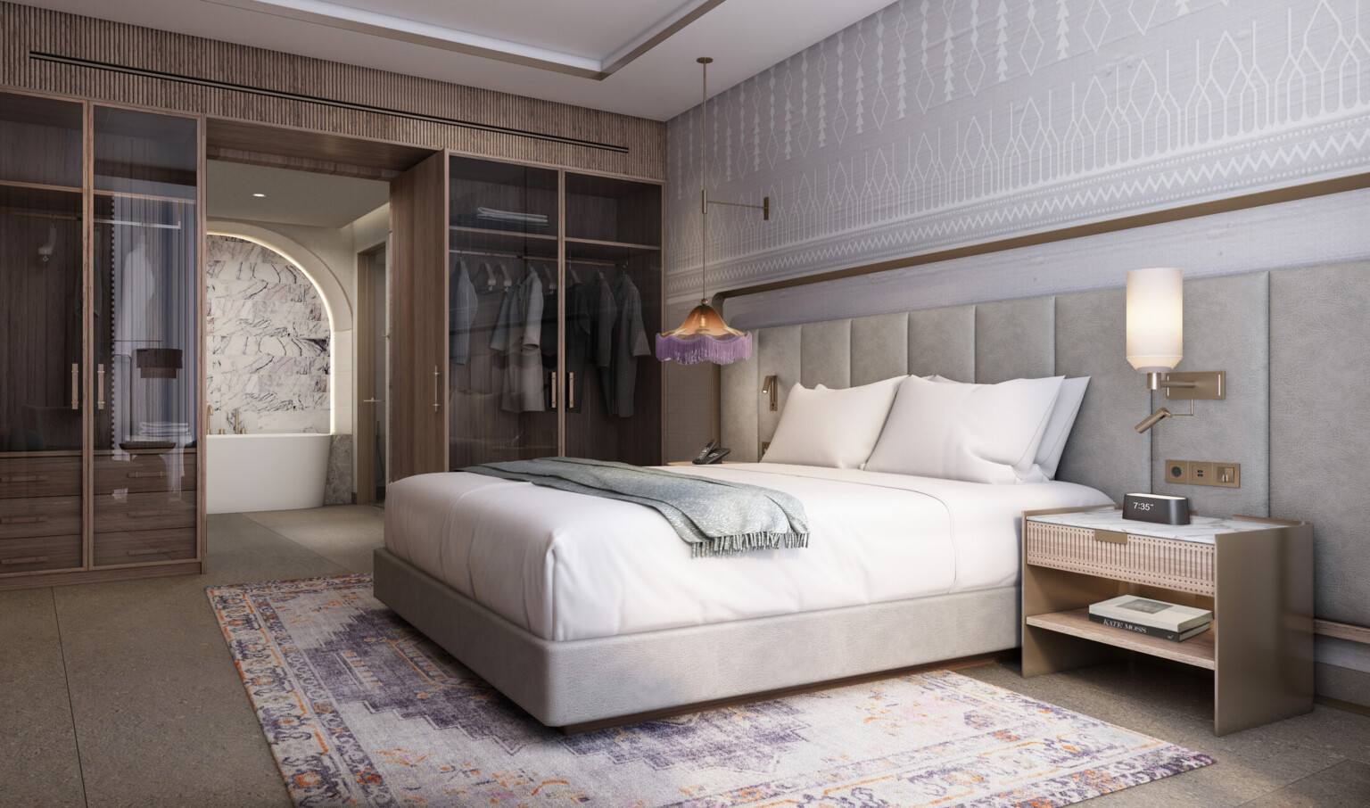 Hotel room featuring modern furnishings with white linens, glass closets, and view of the bathroom