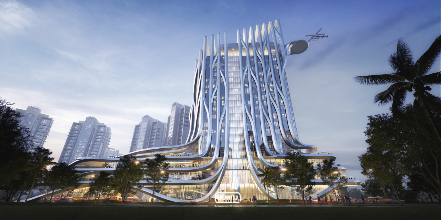 Rendering of the Buruj hotel showing a high rise building surrounded by a metal cage
