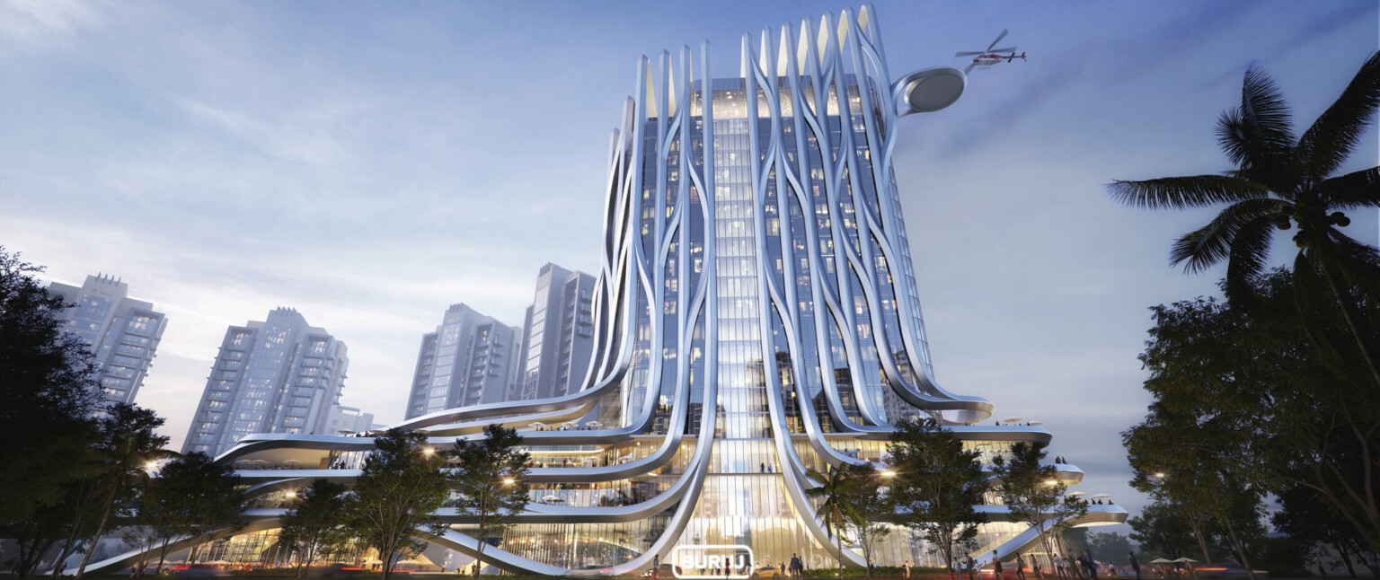 Rendering of the Buruj hotel showing a high rise building surrounded by a metal cage