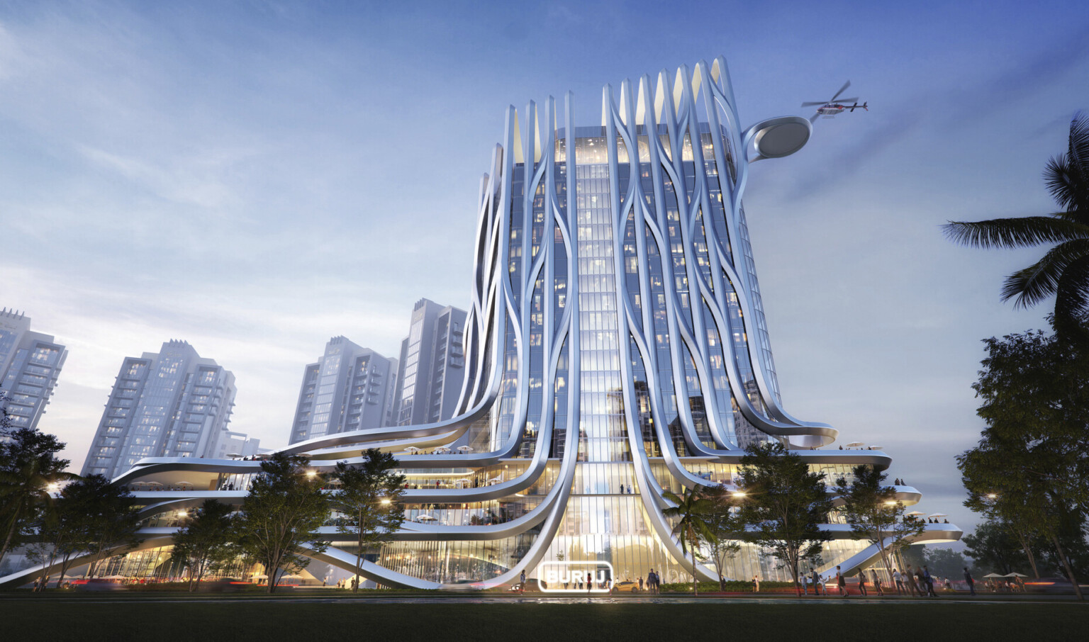 Rendering of the Buruj hotel showing a high rise building surrounded by a metal cage
