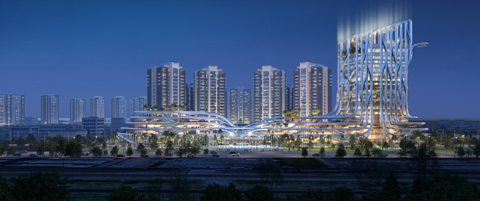 Rendering of the Buruj hotel showing multiple high rise buildings with one surrounded by a metal cage