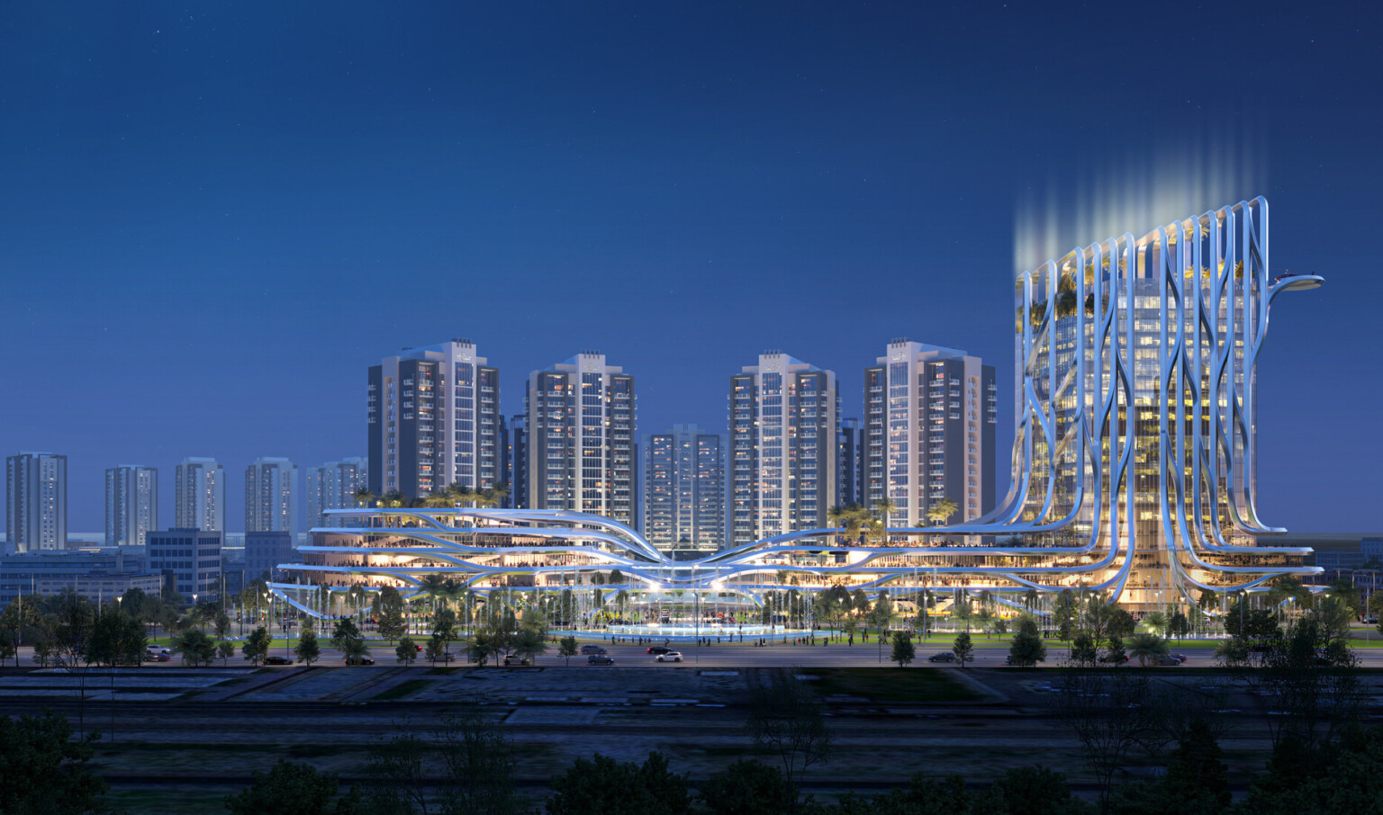 Rendering of the Buruj hotel showing multiple high rise buildings with one surrounded by a metal cage