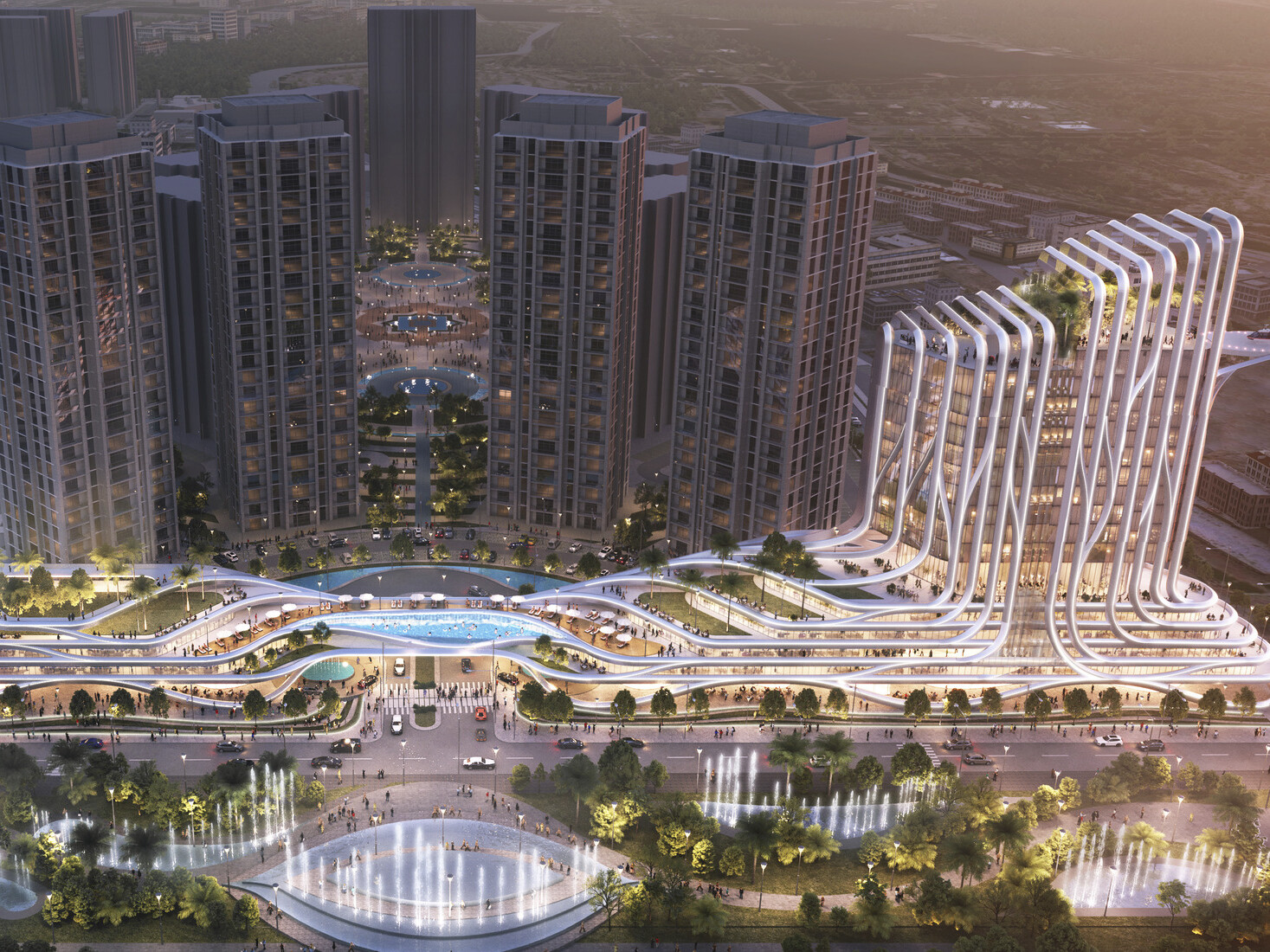 architecture rendering a large mixed-use development planned for Baghdad; a large water feature splits the building structure in half, with a high rise building designed for the east side