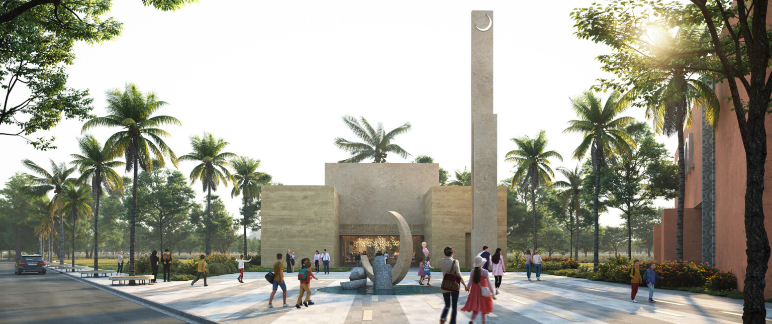 Exterior of a stone building surrounded by palm trees with a crescent shaped moon sculpture in front