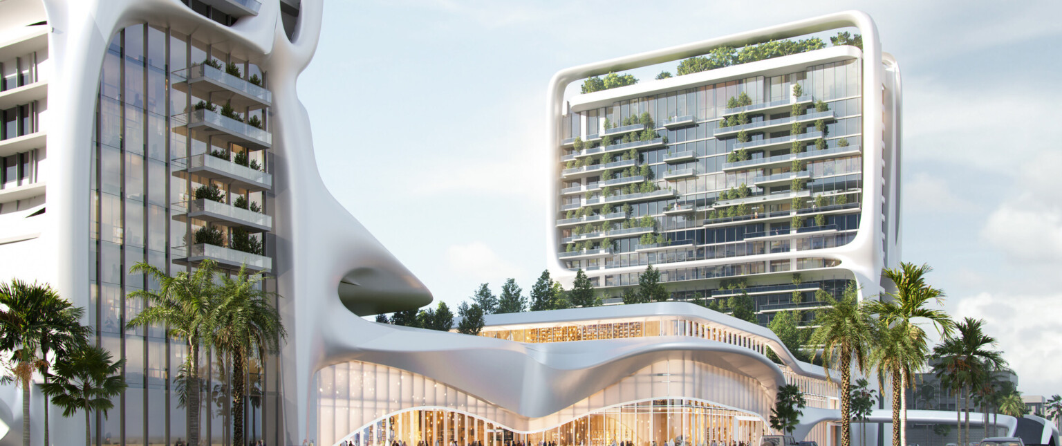 streetscape view of design concept for luxury residential complex in Iraq; curving and flowing forms characterize the facade made with white stone; greenery growing on facade
