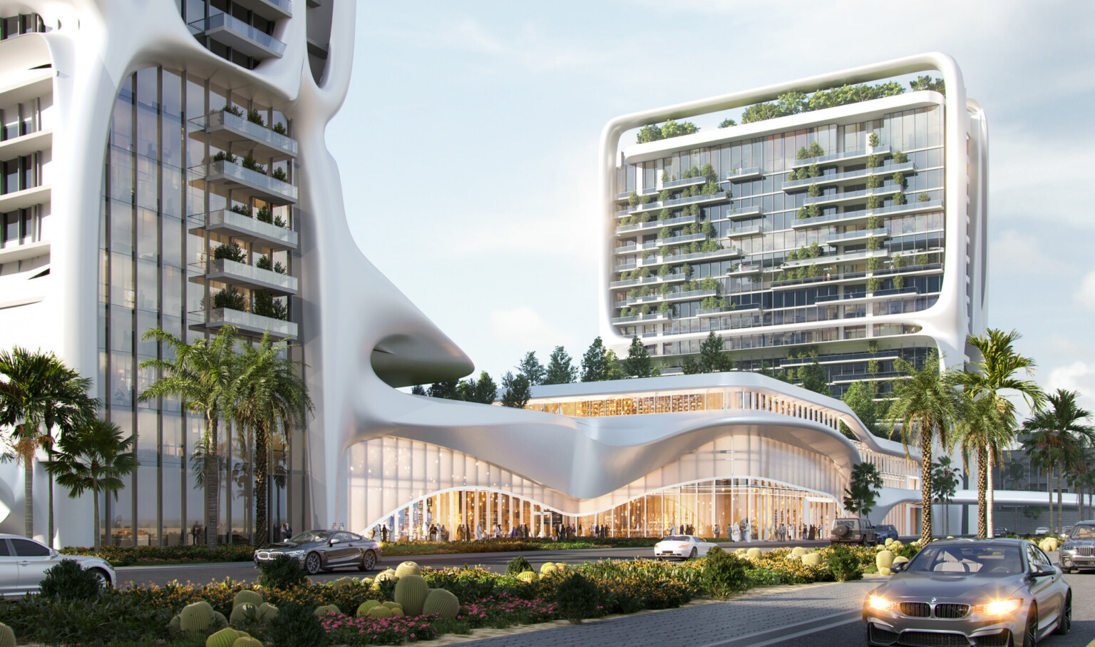 streetscape view of design concept for luxury residential complex in Iraq; curving and flowing forms characterize the facade made with white stone; greenery growing on facade