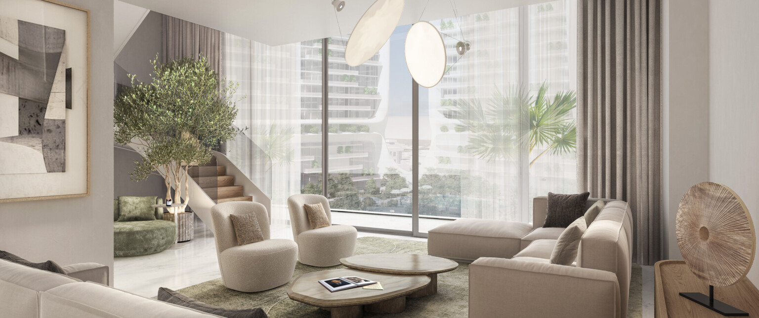 living area at a luxury residential building in Iraq, neutral colors in the furniture and materials create a soothing and relaxing environment while windows create views to central courtyard