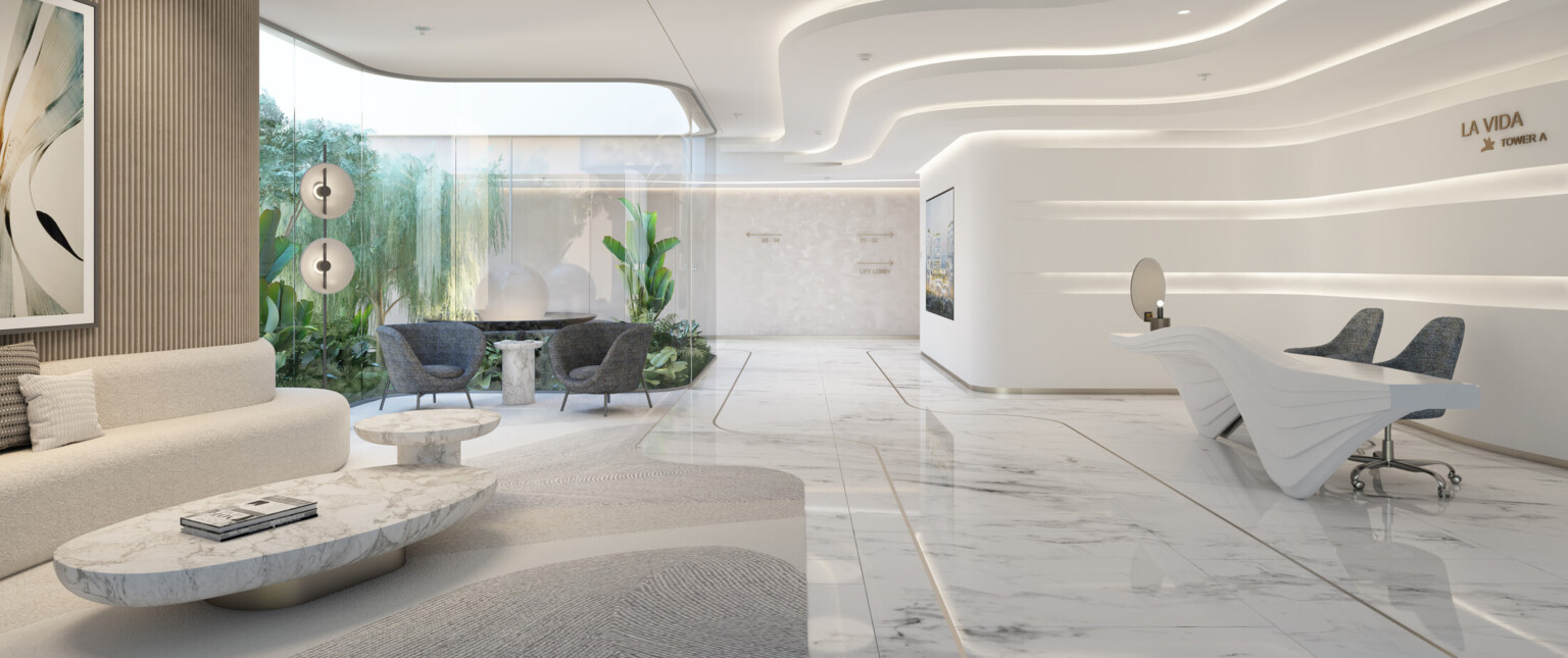 design concept for lobby at a luxury residential complex; white marble floors, curved white stone desk and sweeping ceiling detail create a modern design; floor to ceiling windows on the left bring in natural light