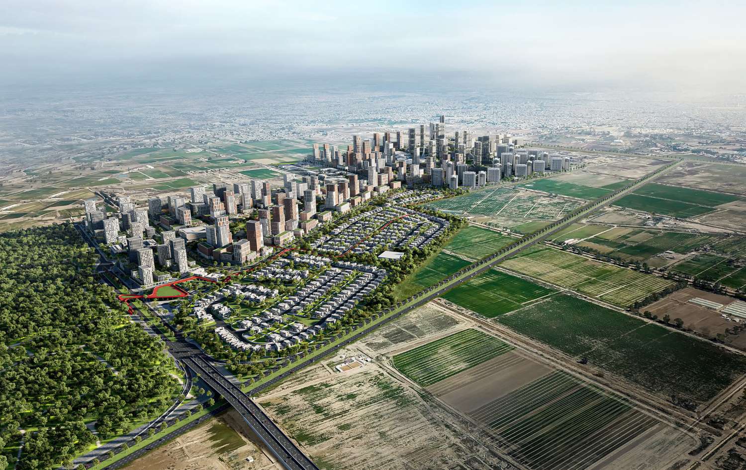 An aerial view of a future city master plan showcasing a mix of high-rise buildings, residential neighborhoods, green spaces, and expansive agricultural fields.