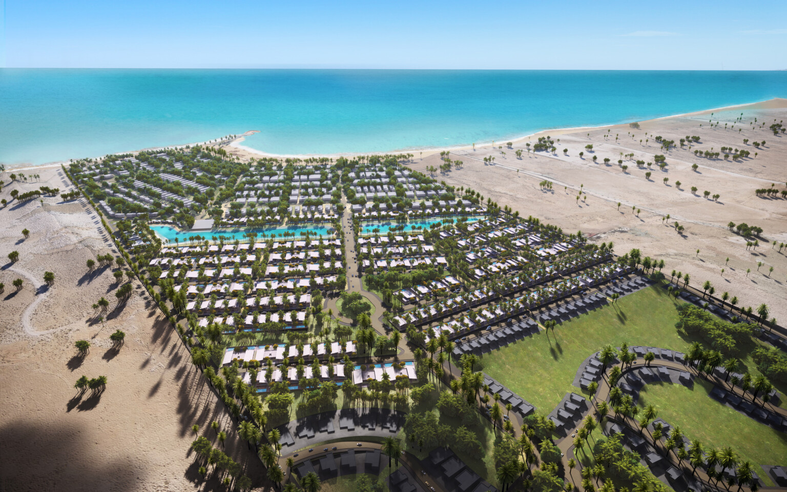 An aerial view of a coastal resort with rows of beachfront residences, palm trees, swimming pools, and a beachfront.