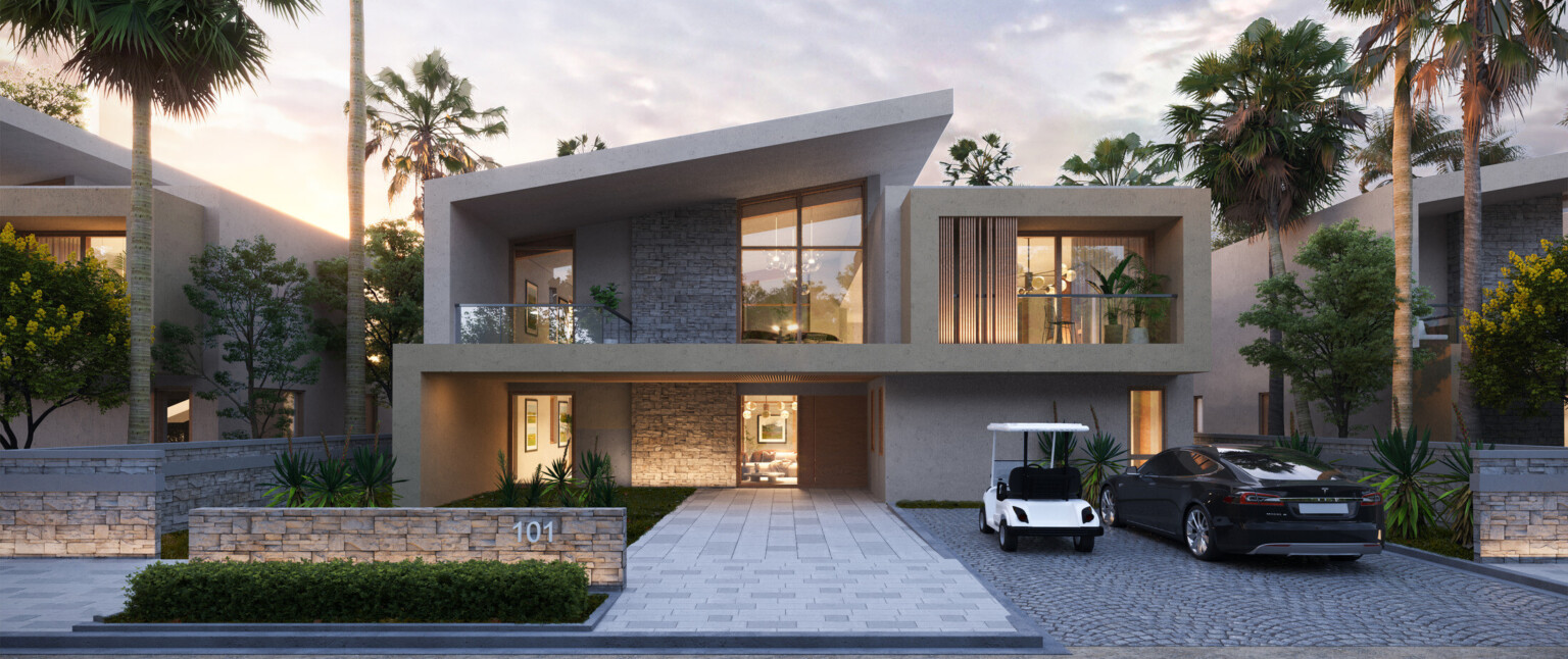 Modern home with angled roofline, dimly lit with a golf cart and car parked in driveway