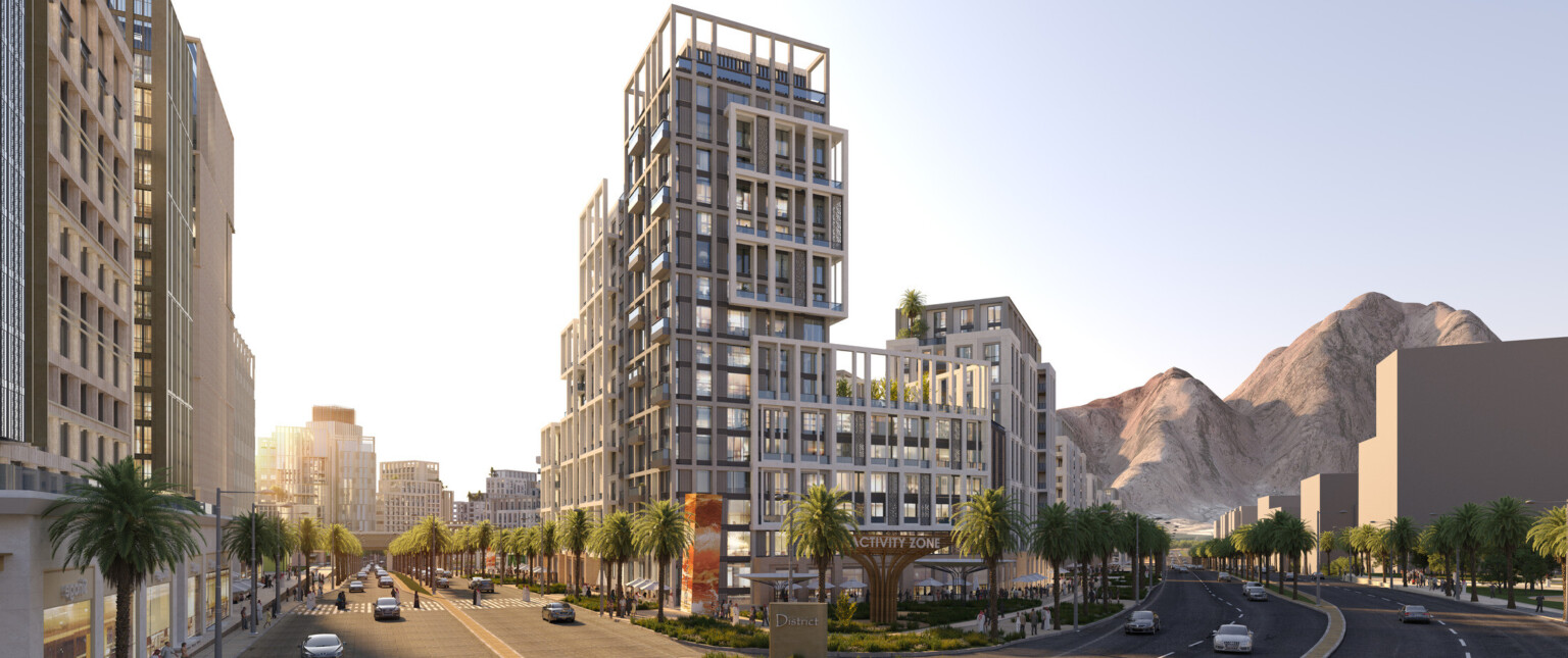 Rendering looking down a roadway with multistory residential buildings on both sides