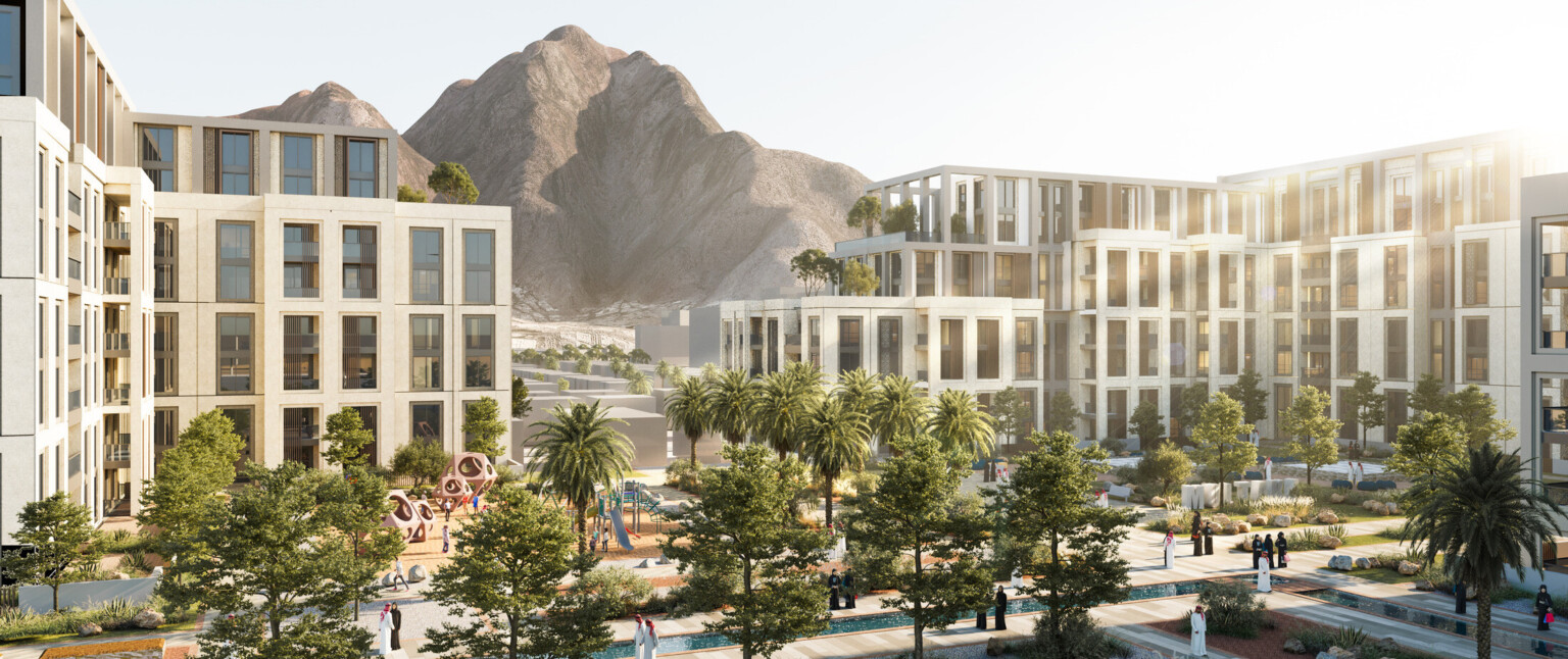 Rendering of white multistory residential buildings with palm trees in front of a mountain