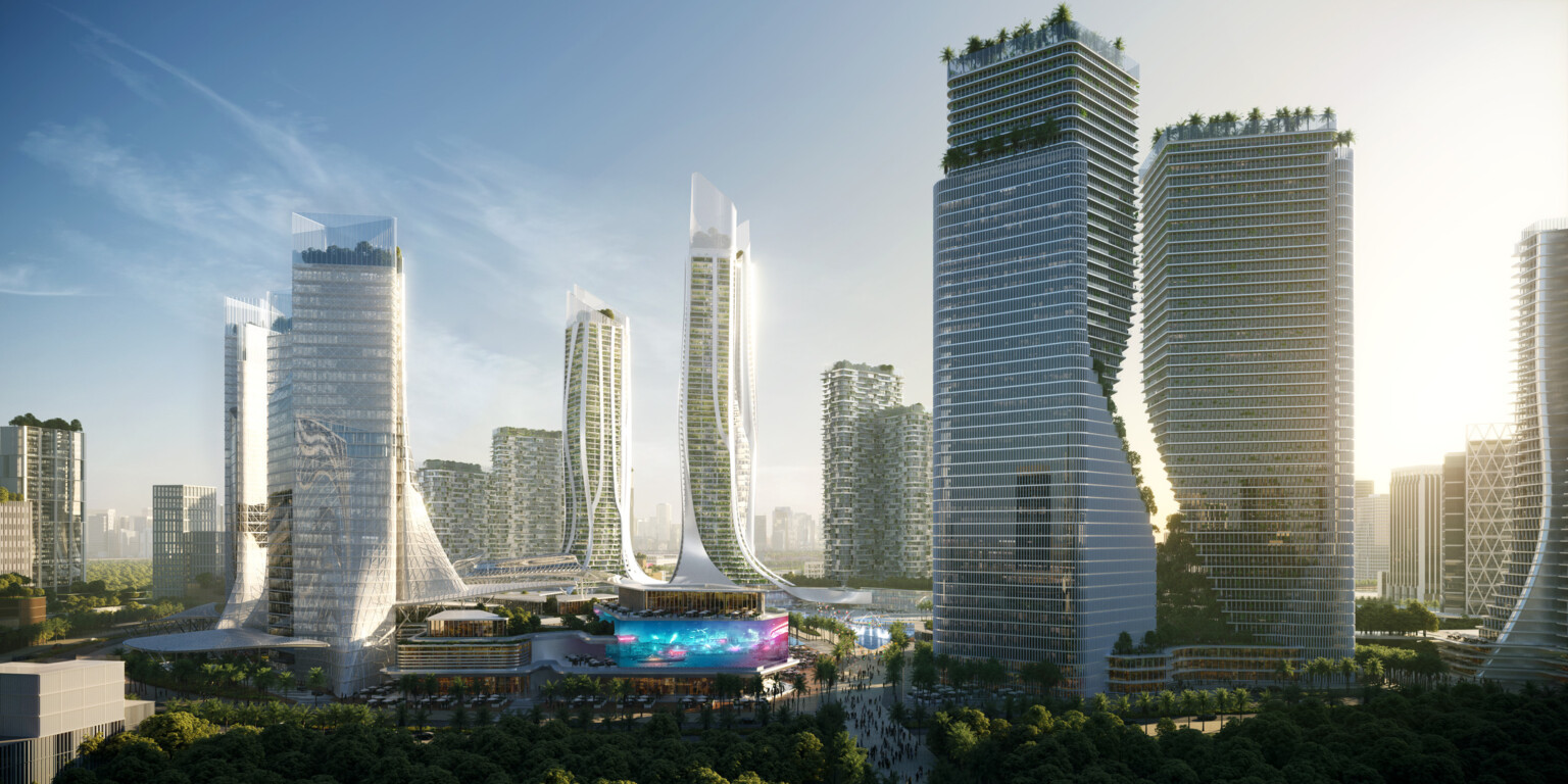 A daytime view of the heart of the master plan, showcasing an array of futuristic high-rise buildings with innovative, flowing designs. The buildings are characterized by their sleek, glass facades and green rooftop terraces.