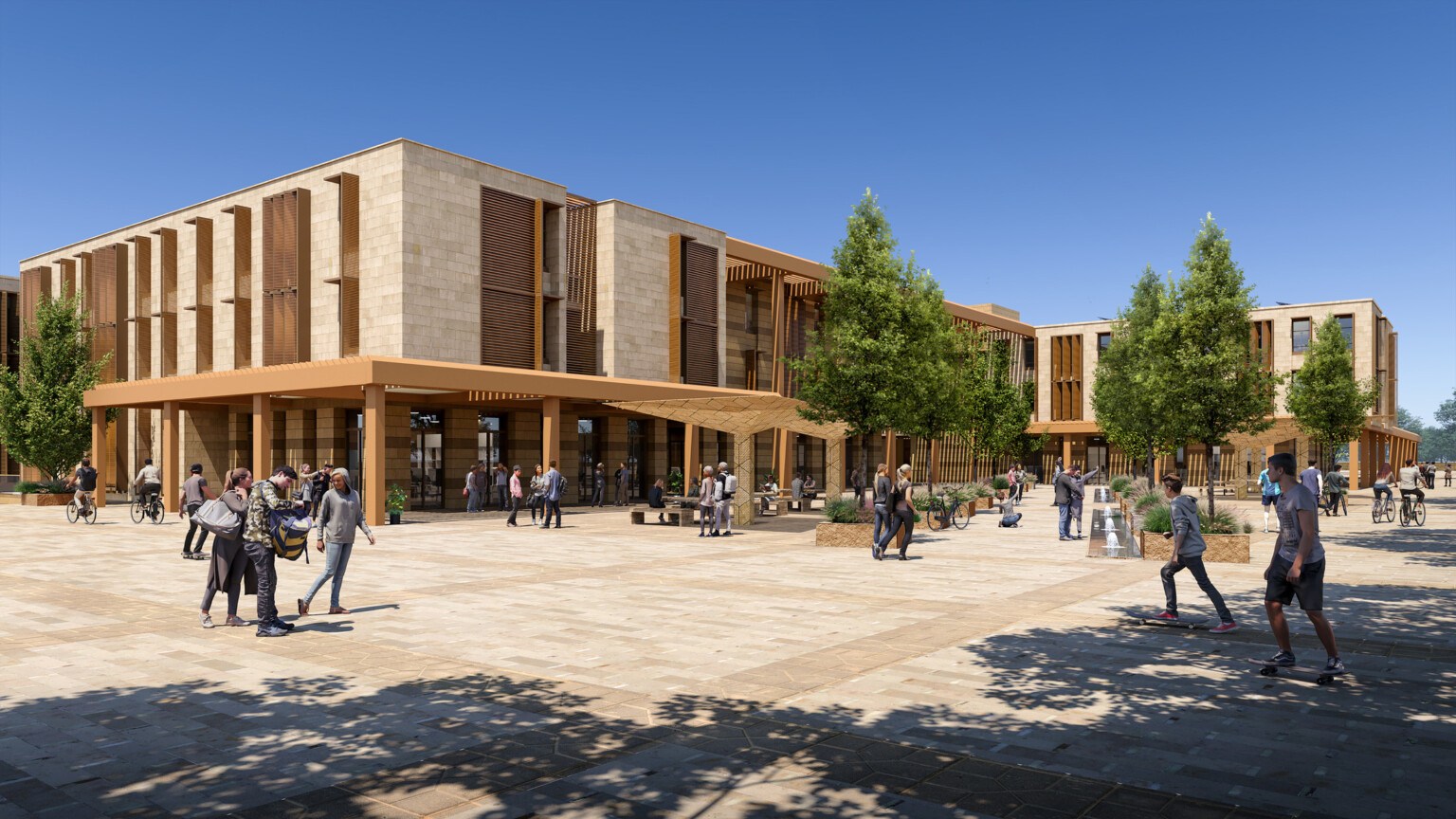 An exterior render of a modern university campus building with large windows and wooden accents. In front of the building is a spacious plaza with neatly paved walkways and several trees providing shade An exterior render of a modern university campus building with large windows and wooden accents. In front of the building is a spacious plaza with neatly paved walkways and several trees providing shade