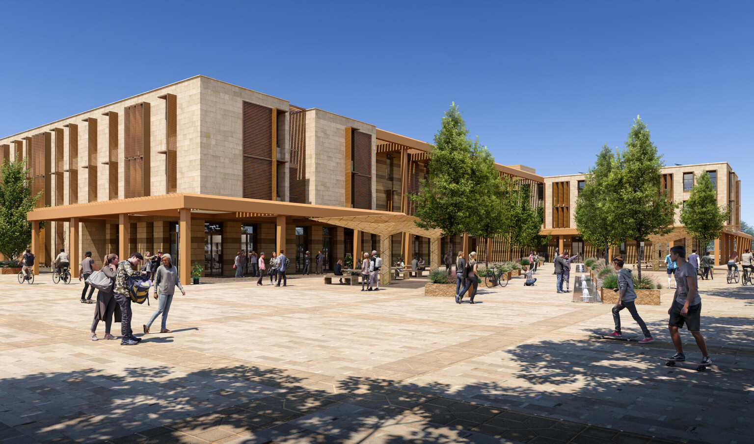 An exterior render of a modern university campus building with large windows and wooden accents. In front of the building is a spacious plaza with neatly paved walkways and several trees providing shade