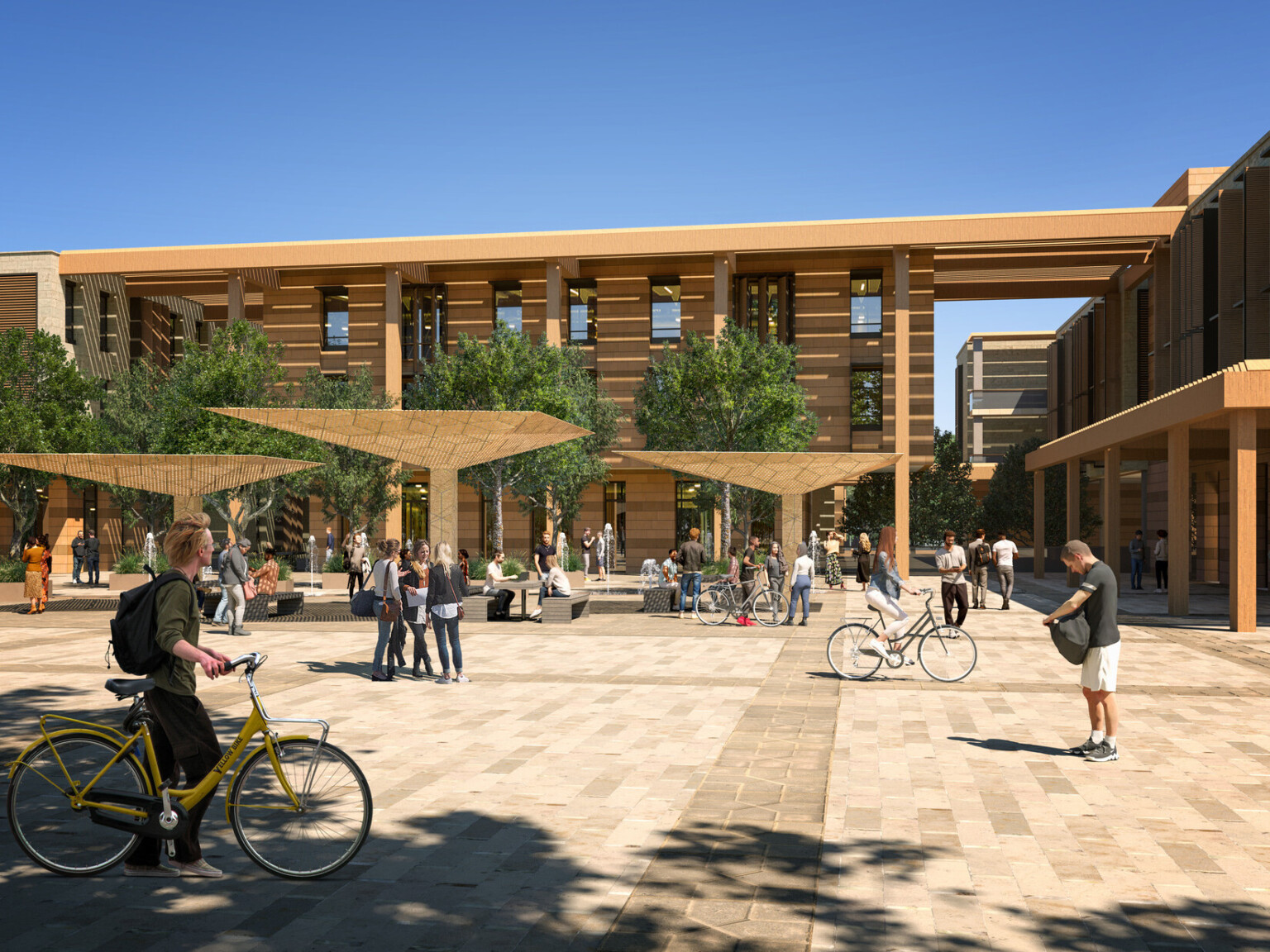 Rendering of a college campus showing a bustling outside common area between two brown modern buildings