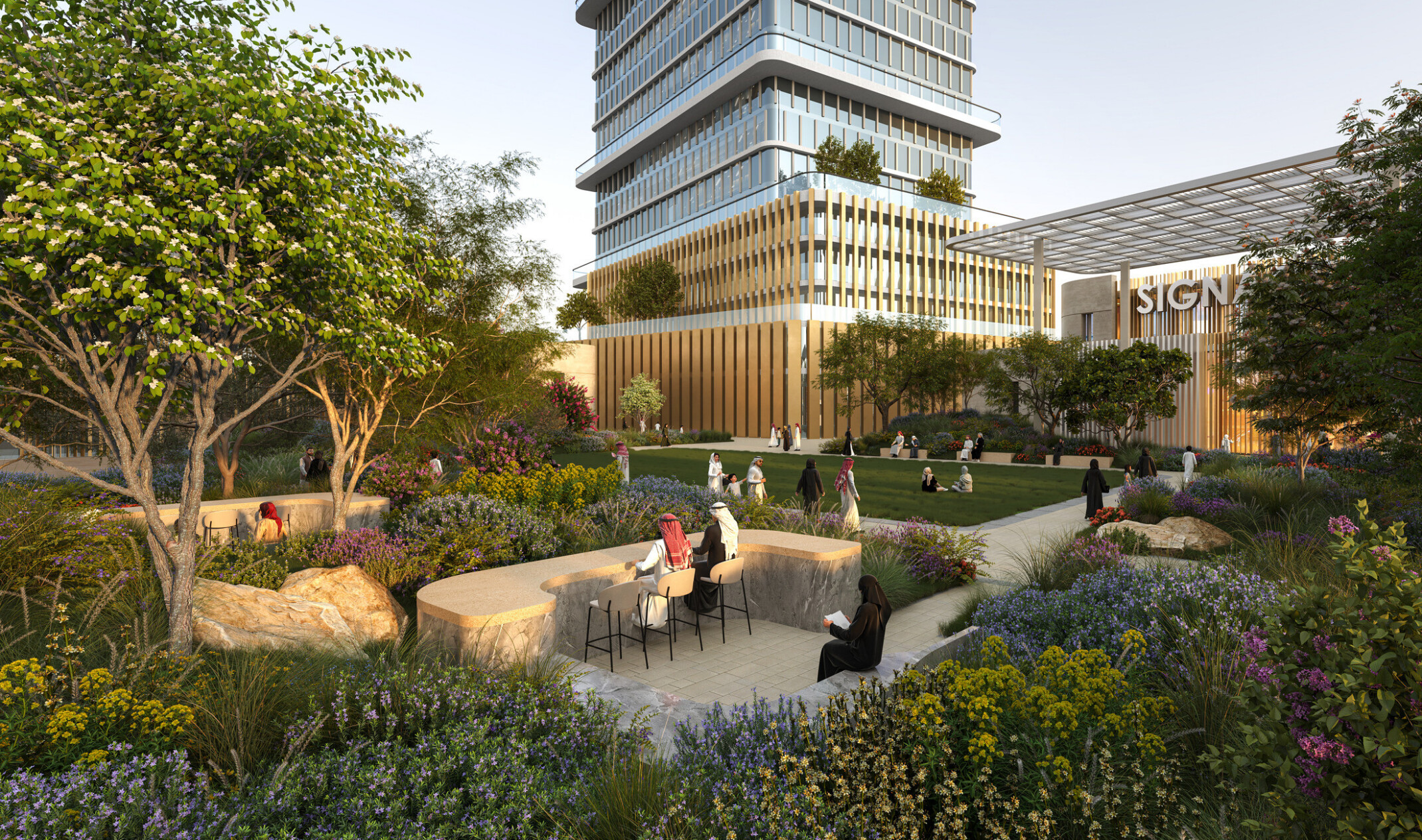 Human-scaled public realm and activated ground-level landscape designed to encourage social interaction, pedestrian movement, and everyday urban life within a mixed-use district