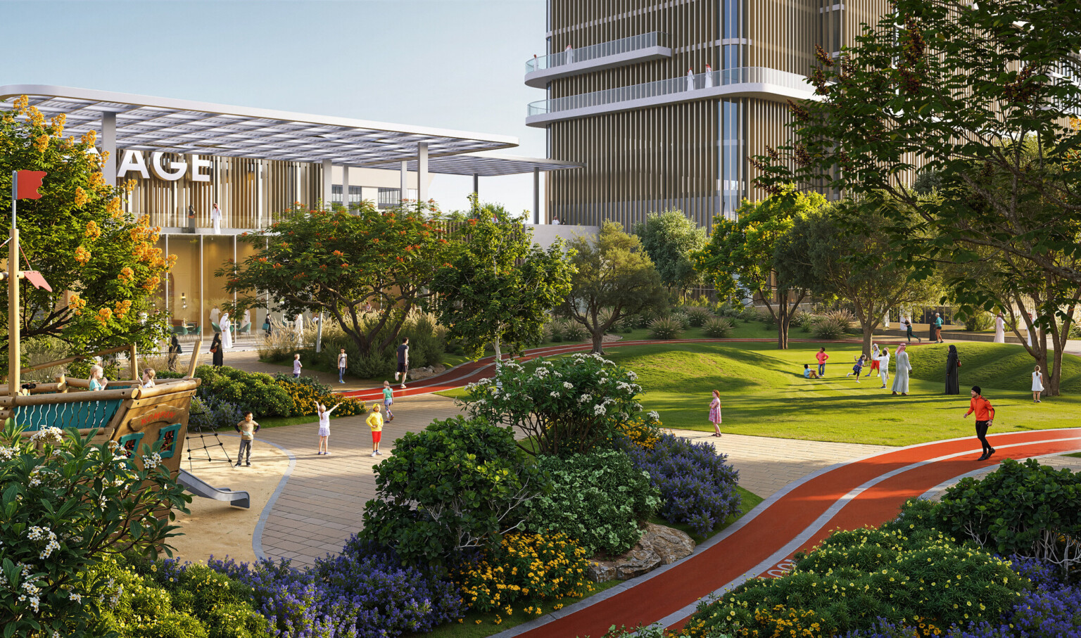 Street-level view of a shaded retail promenade in SUMOU, Al Khobar, with storefronts, outdoor dining, and a pedestrian-friendly public realm connecting to the wider mixed-use development.