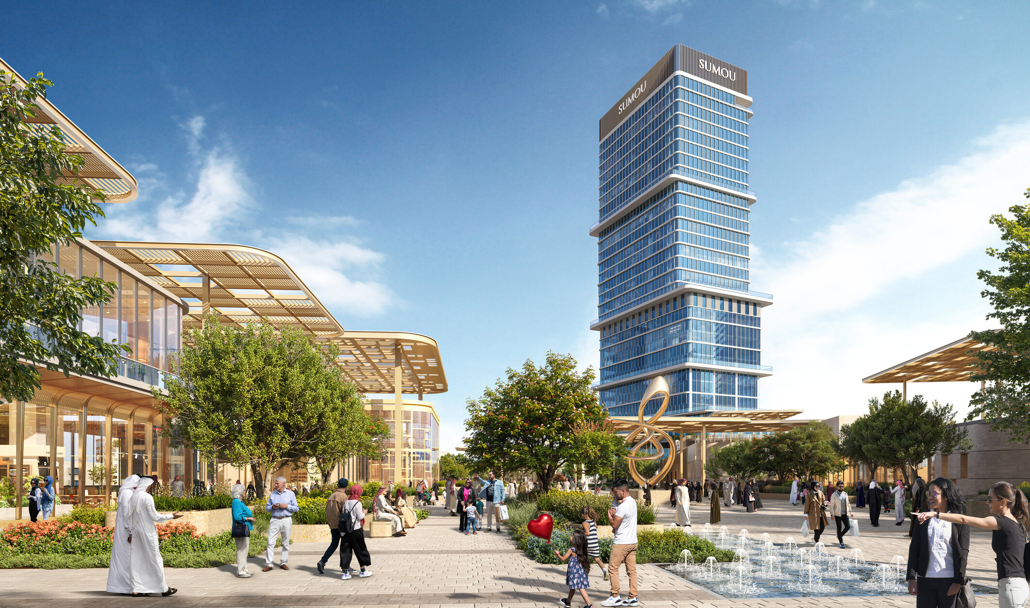SUMOU activated podium with shops, shaded walkways, trees, public art, interactive water features, and people gathering beneath the office tower.